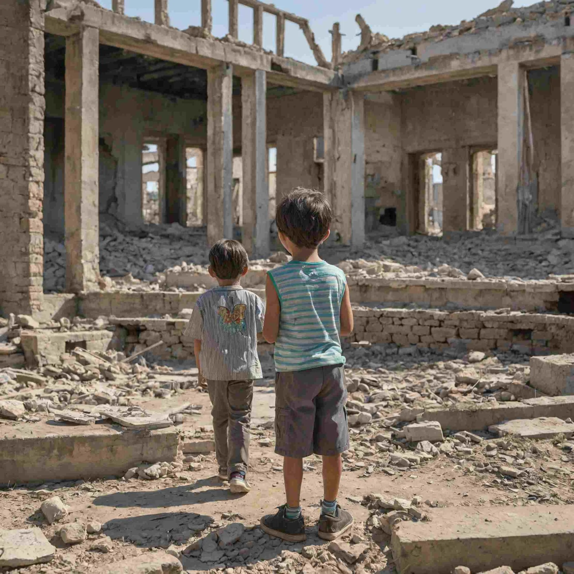 Two young boys standing amid the rubble of a destroyed building