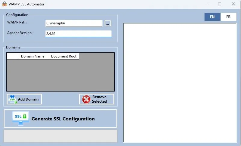 The WAMP SSL Automator desktop app: WAMP path, detected Apache version, a domains table, and the Generate SSL Configuration button