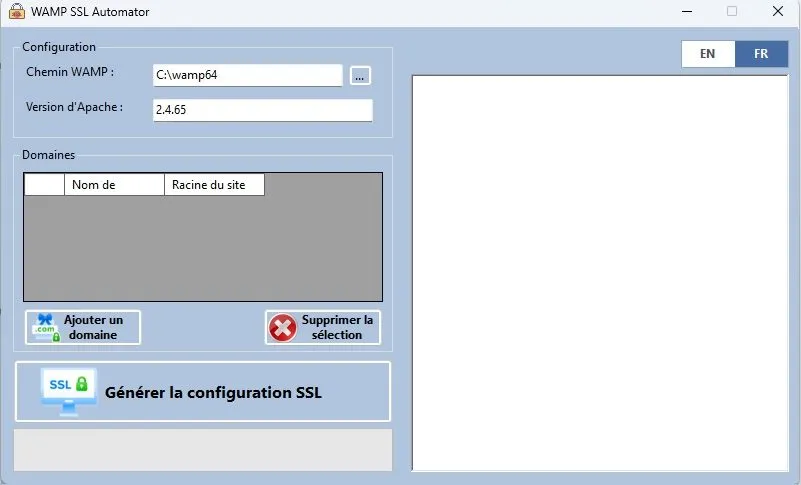 L’application de bureau WAMP SSL Automator : chemin WAMP, version d’Apache détectée, table des domaines et bouton Générer la configuration SSL
